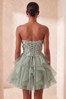 Load image into Gallery viewer, Sage Green Floral Corset Ruffled Short Cocktail Dress