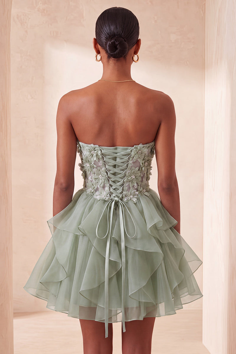 Load image into Gallery viewer, Sage Green Floral Corset Ruffled Short Cocktail Dress