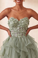 Load image into Gallery viewer, Sage Green Floral Corset Ruffled Short Cocktail Dress