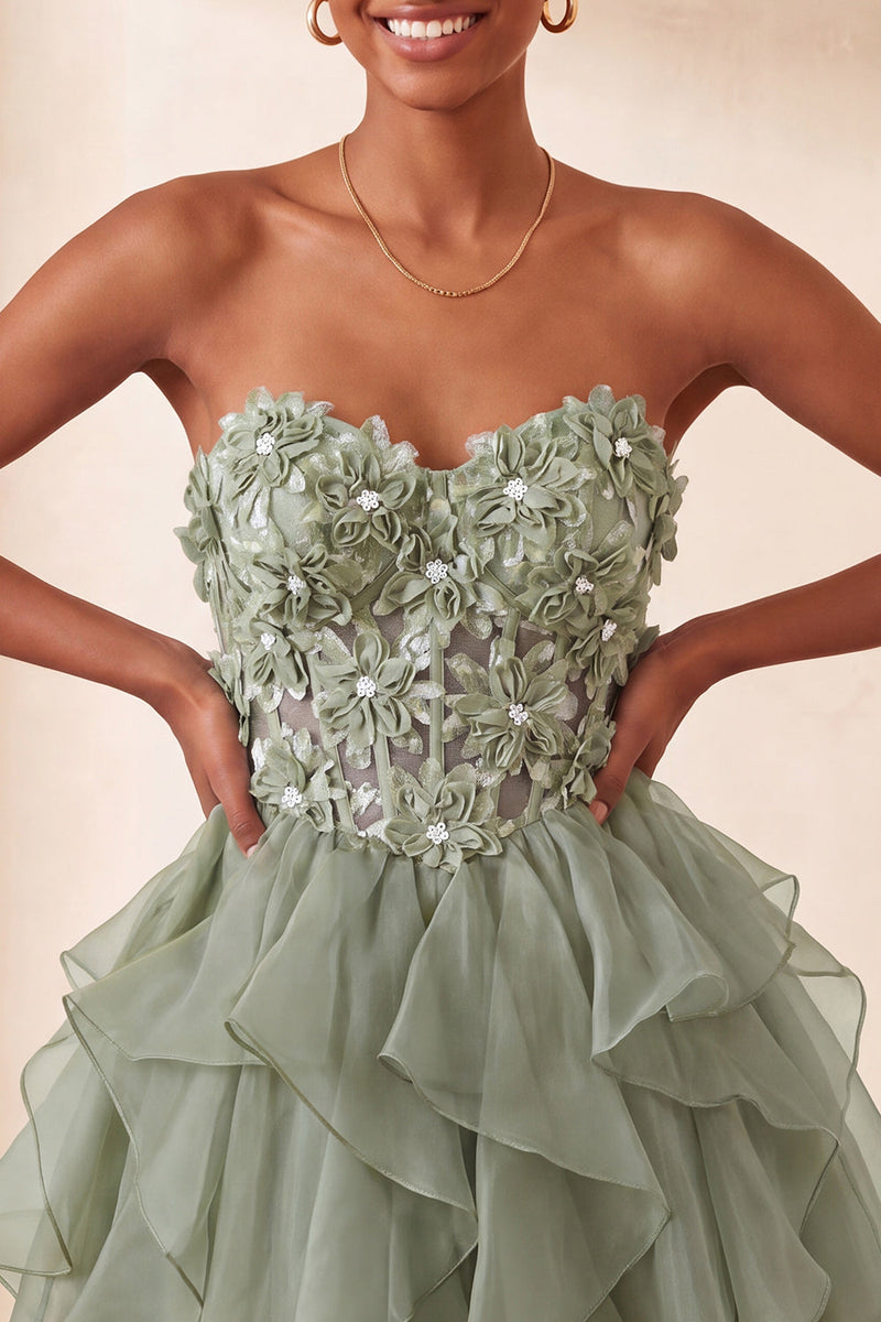 Load image into Gallery viewer, Sage Green Floral Corset Ruffled Short Cocktail Dress