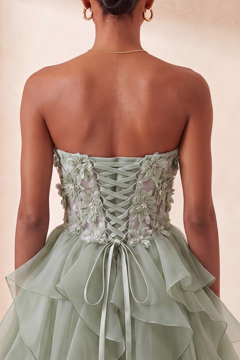 Load image into Gallery viewer, Sage Green Floral Corset Ruffled Short Cocktail Dress