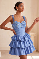 Load image into Gallery viewer, Floral Blue Corset Tiered Ruffled Short Cocktail Dress