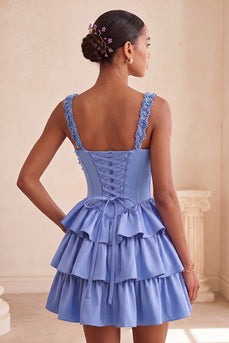 Floral Blue Corset Tiered Ruffled Short Cocktail Dress