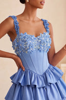 Load image into Gallery viewer, Floral Blue Corset Tiered Ruffled Short Cocktail Dress