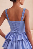 Load image into Gallery viewer, Floral Blue Corset Tiered Ruffled Short Cocktail Dress