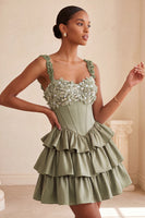 Load image into Gallery viewer, Floral Blue Corset Tiered Ruffled Short Cocktail Dress