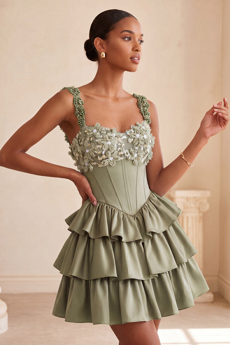 Load image into Gallery viewer, Floral Blue Corset Tiered Ruffled Short Cocktail Dress