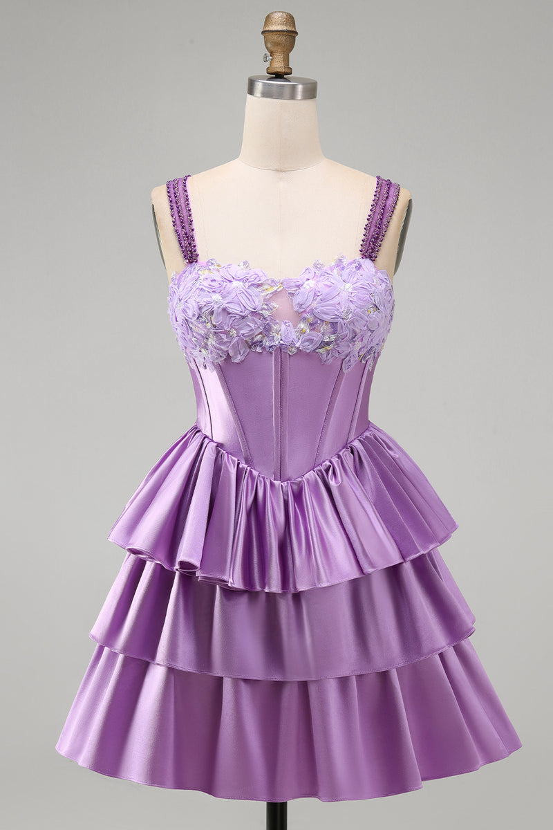 Load image into Gallery viewer, Floral Blue Corset Tiered Ruffled Short Cocktail Dress