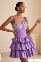 Load image into Gallery viewer, Floral Blue Corset Tiered Ruffled Short Cocktail Dress