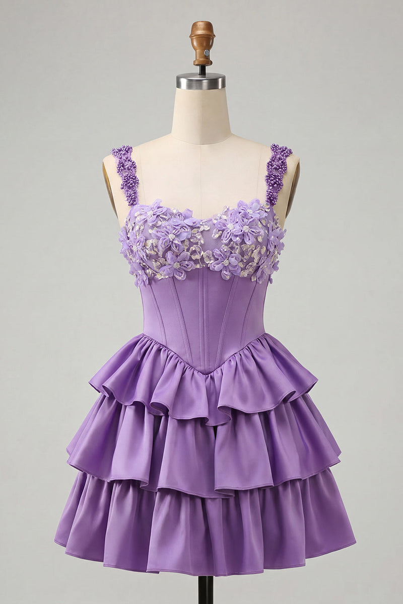 Load image into Gallery viewer, Floral Blue Corset Tiered Ruffled Short Cocktail Dress