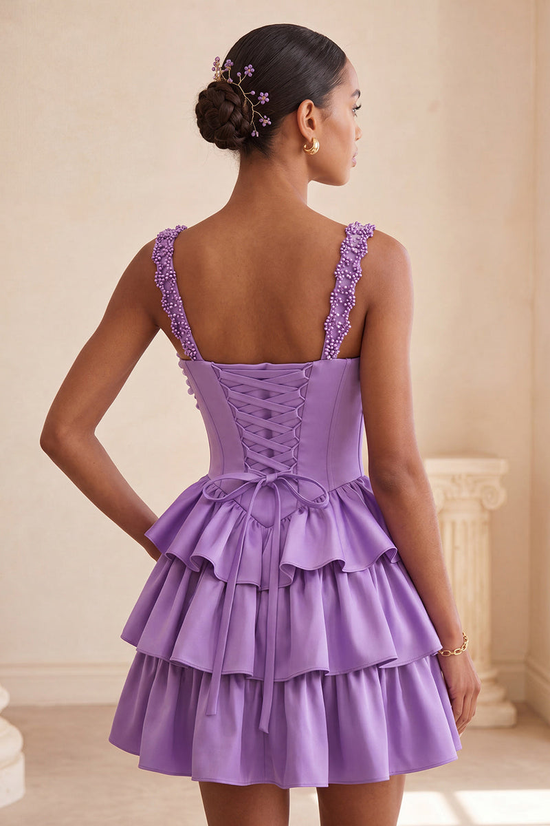 Load image into Gallery viewer, Floral Blue Corset Tiered Ruffled Short Cocktail Dress