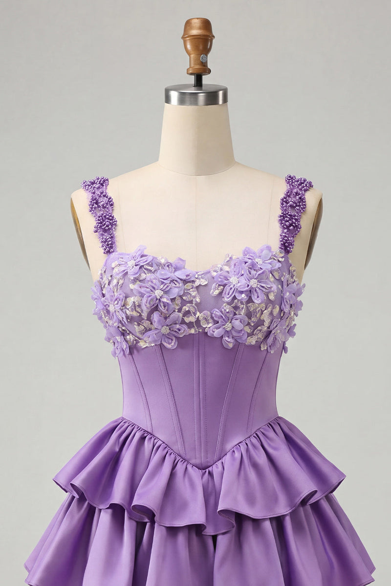 Load image into Gallery viewer, Floral Blue Corset Tiered Ruffled Short Cocktail Dress