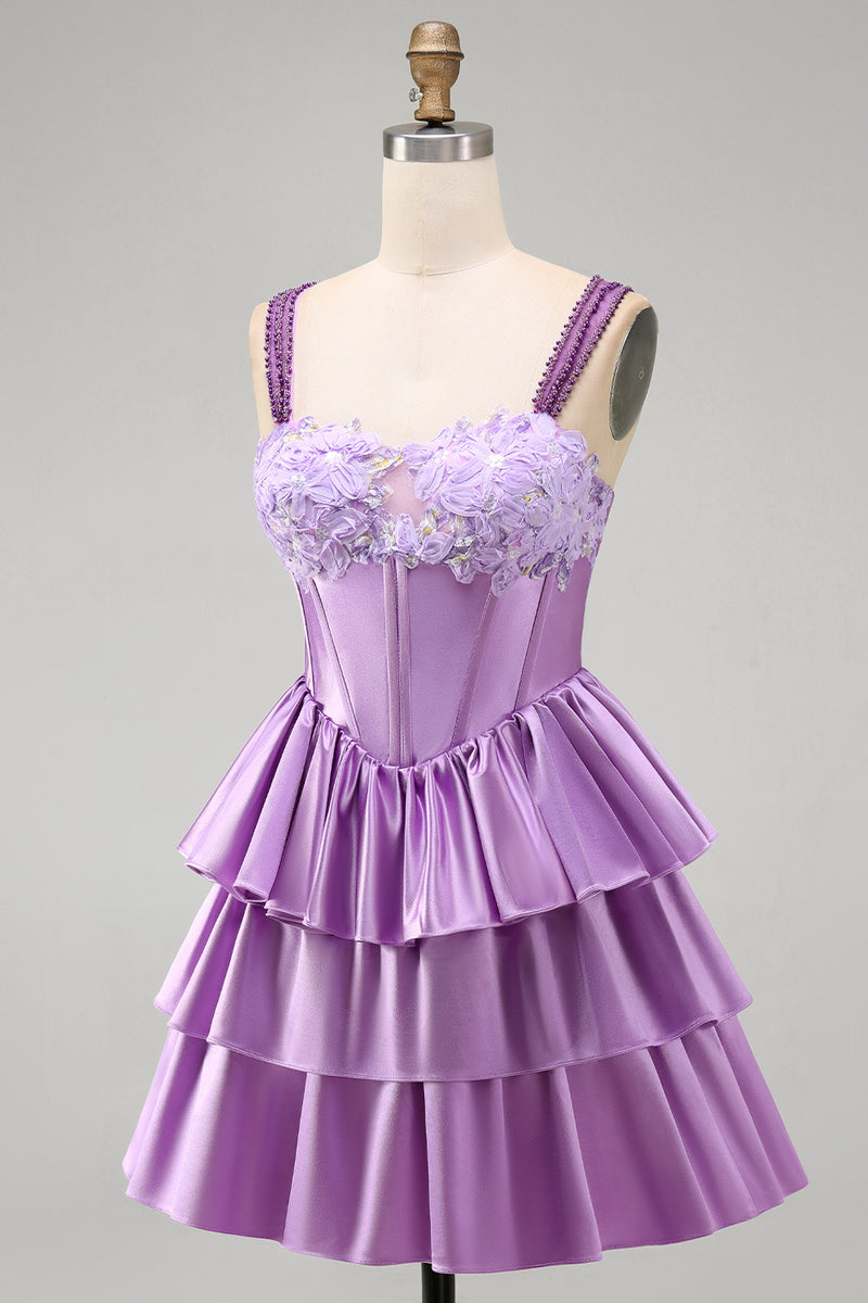 Load image into Gallery viewer, Floral Blue Corset Tiered Ruffled Short Cocktail Dress