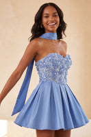 Load image into Gallery viewer, Light Purple Floral Beaded A-Line Short Cocktail Dress with Neck Scarf