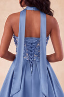 Load image into Gallery viewer, Light Purple Floral Beaded A-Line Short Cocktail Dress with Neck Scarf