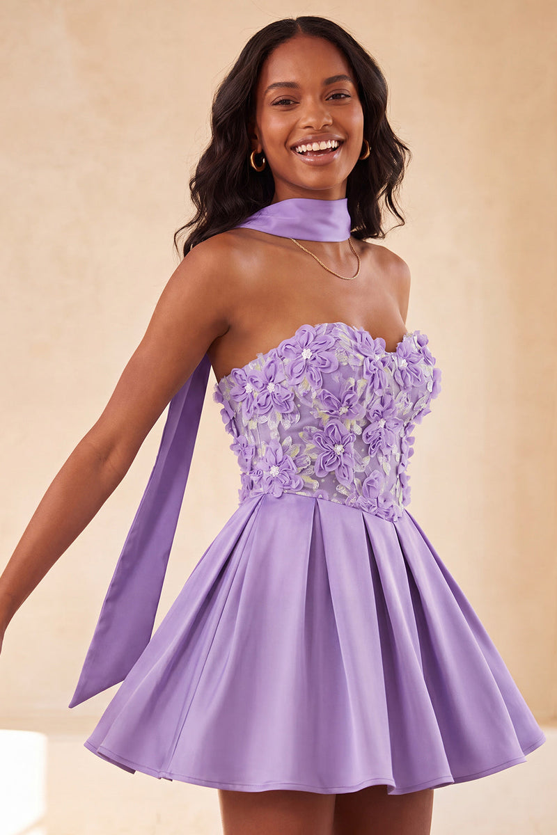Load image into Gallery viewer, Light Purple Floral Beaded A-Line Short Cocktail Dress with Neck Scarf