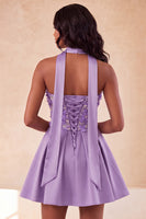 Load image into Gallery viewer, Light Purple Floral Beaded A-Line Short Cocktail Dress with Neck Scarf