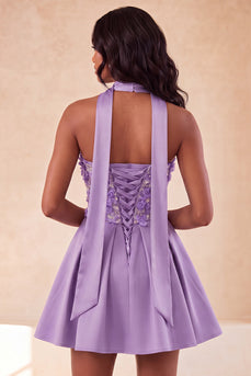 Light Purple Floral Beaded A-Line Short Cocktail Dress with Neck Scarf