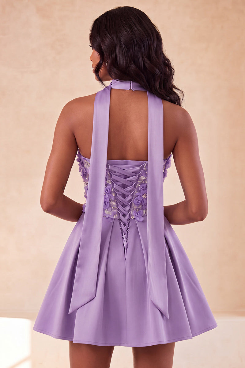 Load image into Gallery viewer, Light Purple Floral Beaded A-Line Short Cocktail Dress with Neck Scarf