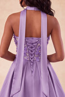 Load image into Gallery viewer, Light Purple Floral Beaded A-Line Short Cocktail Dress with Neck Scarf