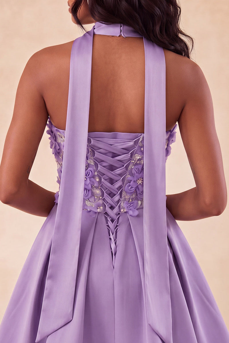 Load image into Gallery viewer, Light Purple Floral Beaded A-Line Short Cocktail Dress with Neck Scarf