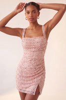 Load image into Gallery viewer, Sparkly Blush Sequin Tight Short Cocktail Dress with Slit