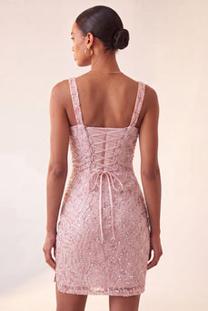 Sparkly Blush Sequin Tight Short Cocktail Dress with Slit