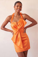 Load image into Gallery viewer, Orange Satin Ruched Tight Short Cocktail Dress with Bow