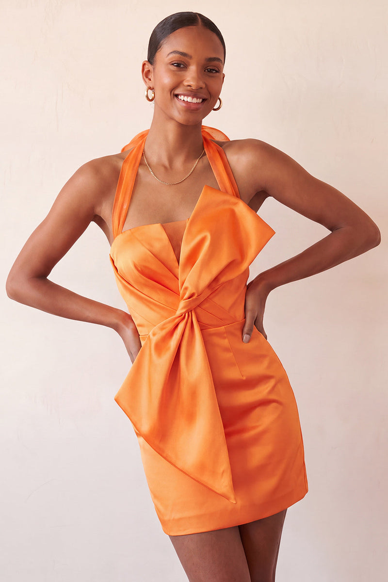 Load image into Gallery viewer, Orange Satin Ruched Tight Short Cocktail Dress with Bow