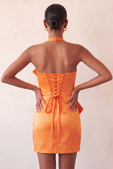 Orange Satin Ruched Tight Short Cocktail Dress with Bow