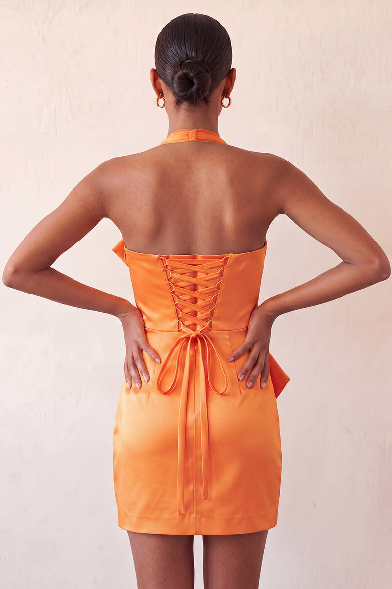 Load image into Gallery viewer, Orange Satin Ruched Tight Short Cocktail Dress with Bow