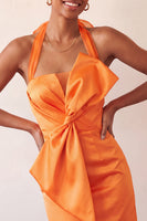 Load image into Gallery viewer, Orange Satin Ruched Tight Short Cocktail Dress with Bow