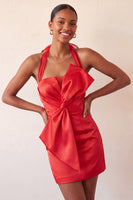 Load image into Gallery viewer, Orange Satin Ruched Tight Short Cocktail Dress with Bow