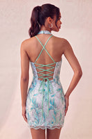 Load image into Gallery viewer, Sparkly Light Blue Floral Halter Sequin Tight Short Cocktail Dress