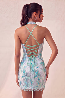 Sparkly Light Blue Floral Halter Sequin Tight Short Cocktail Dress