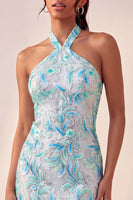 Load image into Gallery viewer, Sparkly Light Blue Floral Halter Sequin Tight Short Cocktail Dress