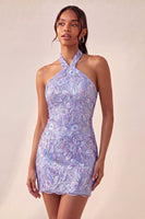 Load image into Gallery viewer, Sparkly Light Blue Floral Halter Sequin Tight Short Cocktail Dress