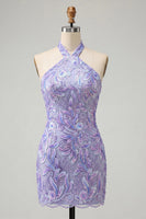 Load image into Gallery viewer, Sparkly Light Blue Floral Halter Sequin Tight Short Cocktail Dress