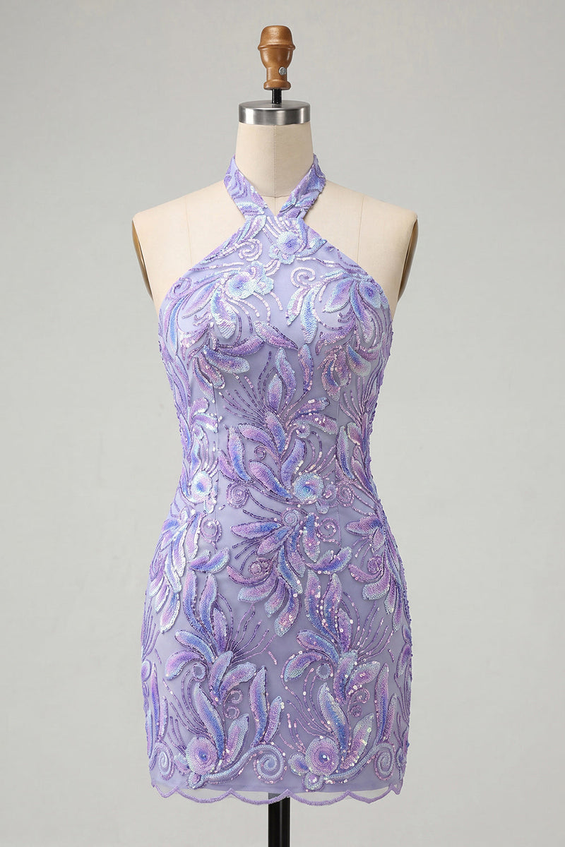 Load image into Gallery viewer, Sparkly Light Blue Floral Halter Sequin Tight Short Cocktail Dress