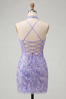 Load image into Gallery viewer, Sparkly Light Blue Floral Halter Sequin Tight Short Cocktail Dress