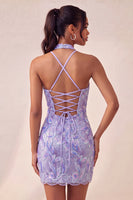 Load image into Gallery viewer, Sparkly Light Blue Floral Halter Sequin Tight Short Cocktail Dress