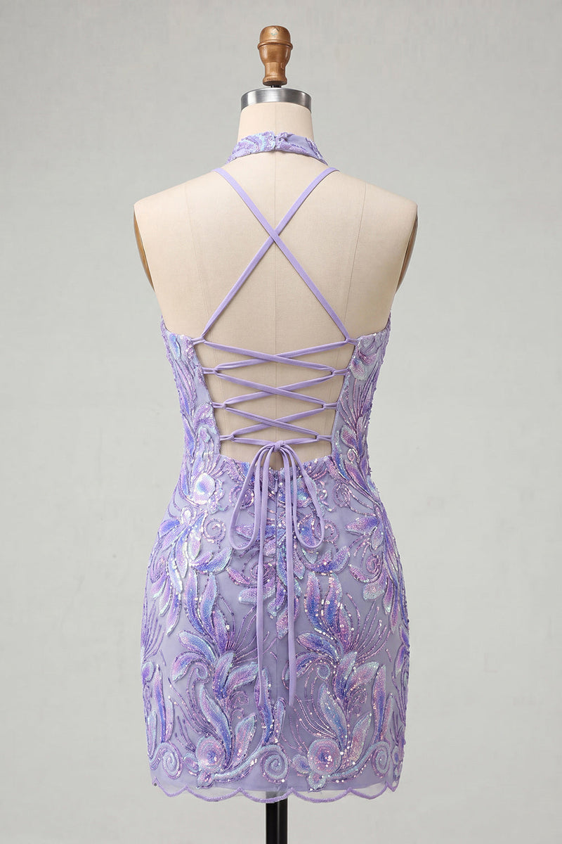 Load image into Gallery viewer, Sparkly Light Blue Floral Halter Sequin Tight Short Cocktail Dress