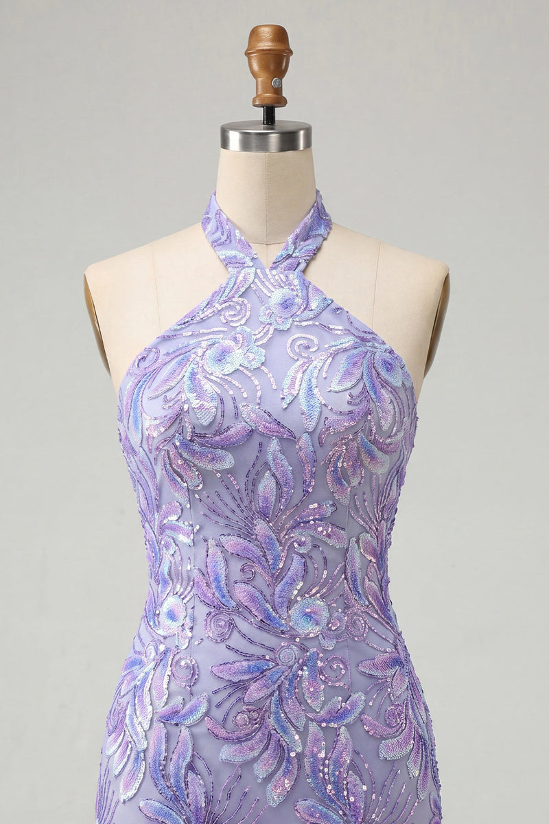 Load image into Gallery viewer, Sparkly Light Blue Floral Halter Sequin Tight Short Cocktail Dress