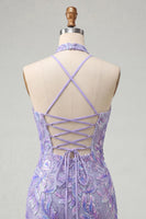 Load image into Gallery viewer, Sparkly Light Blue Floral Halter Sequin Tight Short Cocktail Dress