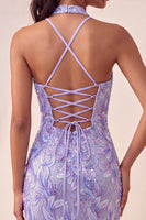 Load image into Gallery viewer, Sparkly Light Blue Floral Halter Sequin Tight Short Cocktail Dress