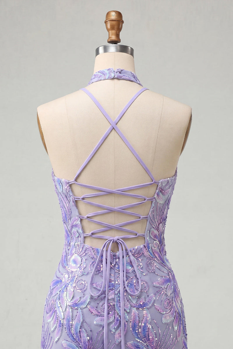 Load image into Gallery viewer, Sparkly Light Blue Floral Halter Sequin Tight Short Cocktail Dress