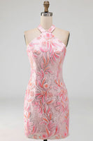 Load image into Gallery viewer, Sparkly Light Blue Floral Halter Sequin Tight Short Cocktail Dress