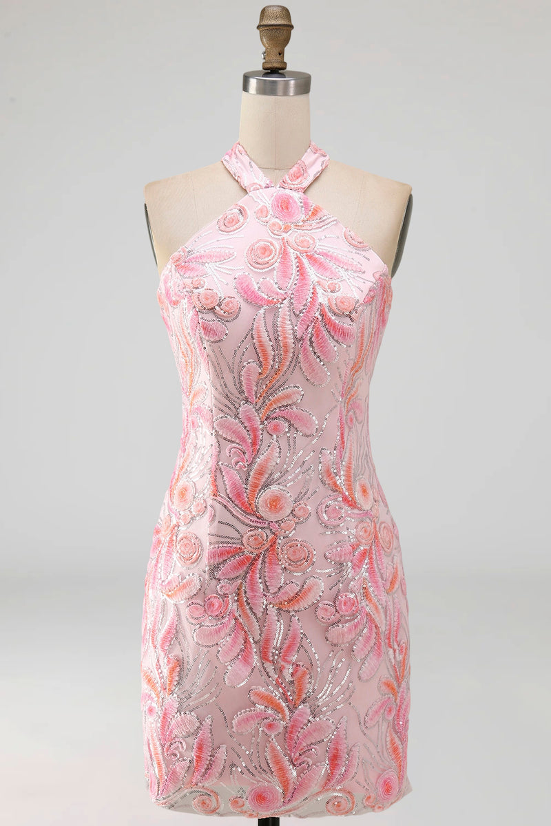 Load image into Gallery viewer, Sparkly Light Blue Floral Halter Sequin Tight Short Cocktail Dress