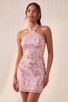 Load image into Gallery viewer, Sparkly Light Blue Floral Halter Sequin Tight Short Cocktail Dress