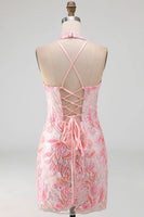 Load image into Gallery viewer, Sparkly Light Blue Floral Halter Sequin Tight Short Cocktail Dress